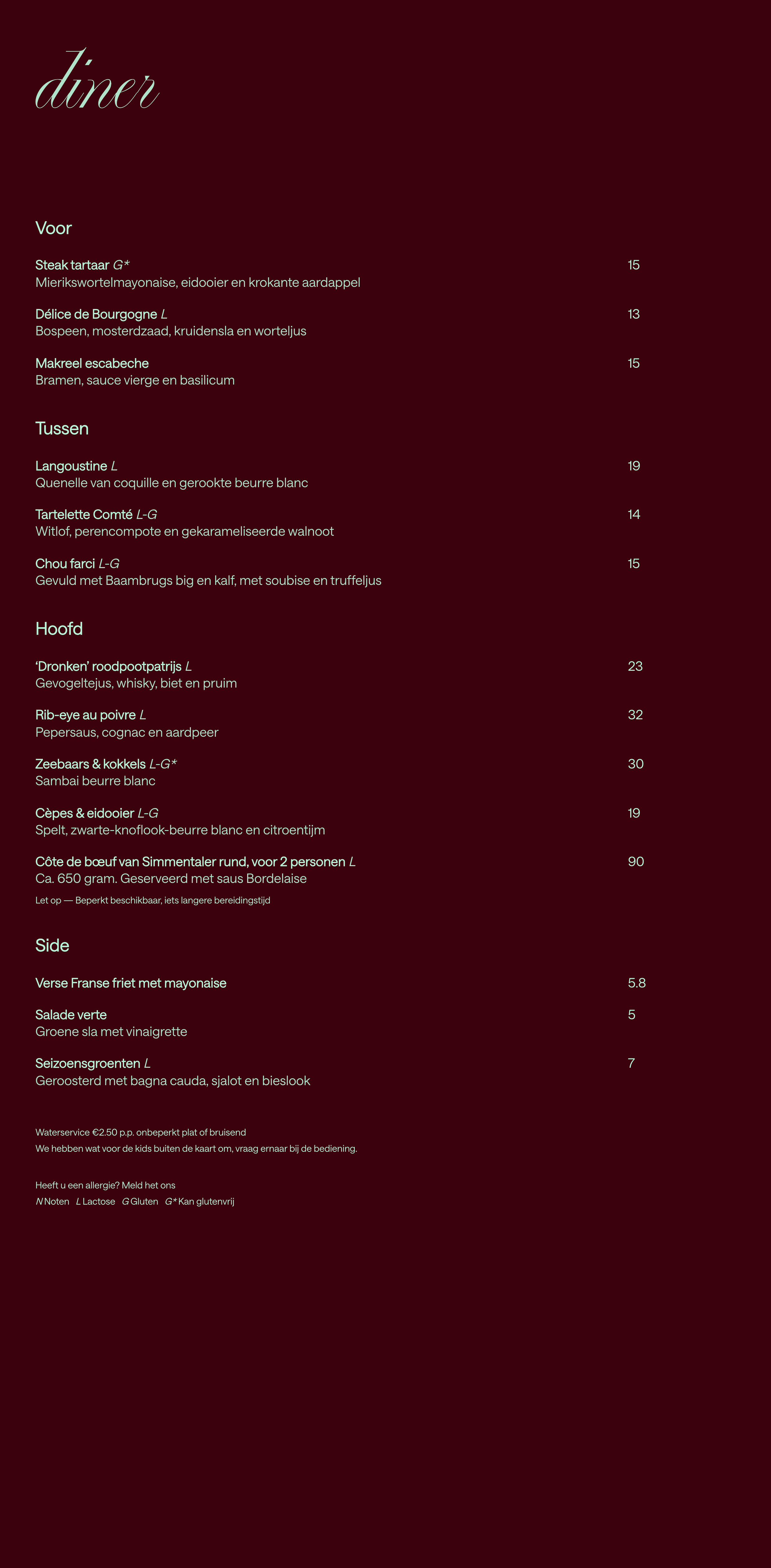 Menukaart — diner, oktober 2026